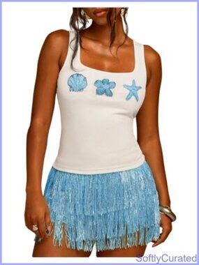 Seashell Beaded Starfish Tank Top Square Neck Sleeveless Summer Beach Vest